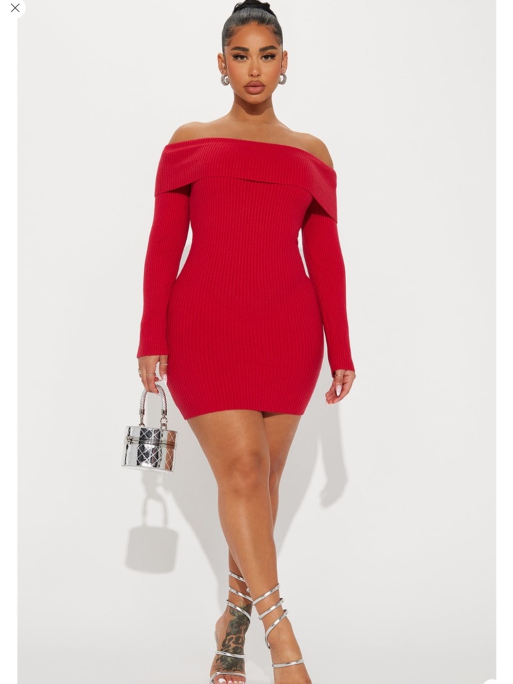 Off-Shoulder Ribbed Red Bodycon Dress - Picture 2 of 3